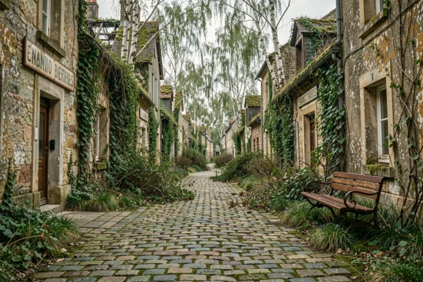Rue d'un village fantôme français envahie par la végétation sauvage, façades en pierre recouvertes de lierre et de mousse