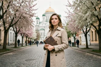 Femme touriste devant la cathédrale Alexandre Nevski à Sofia au printemps lors d'une visite hors saison