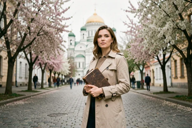 Femme touriste devant la cathédrale Alexandre Nevski à Sofia au printemps lors d'une visite hors saison