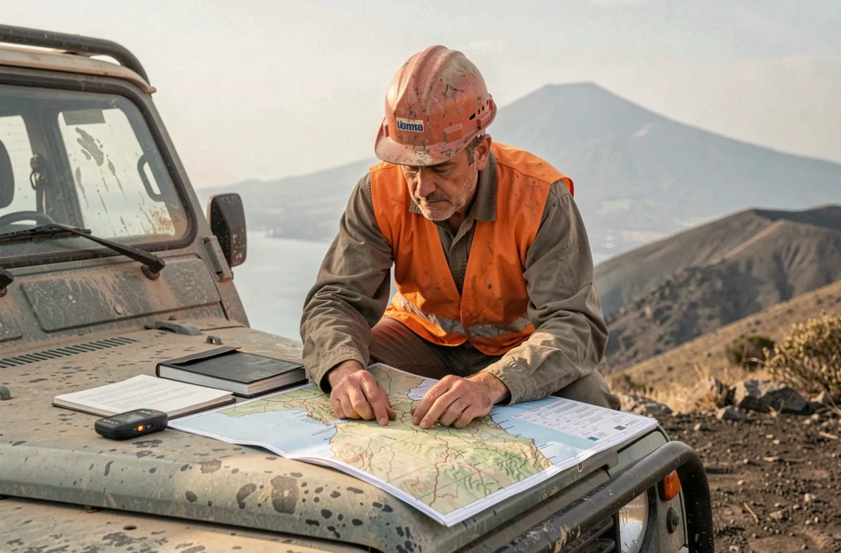 Volcanologue étudiant une carte topographique des zones à risque près du Vésuve en Italie