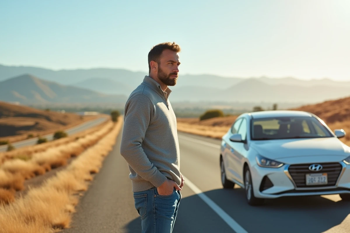 Homme en jeans et pull léger sur une route en Californie