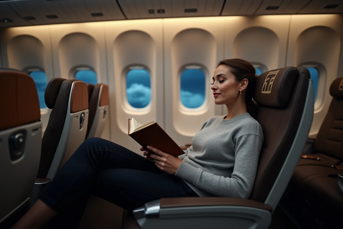 Passagère en classe affaires dans un avion long-courrier lisant un livre pour voyager sereinement