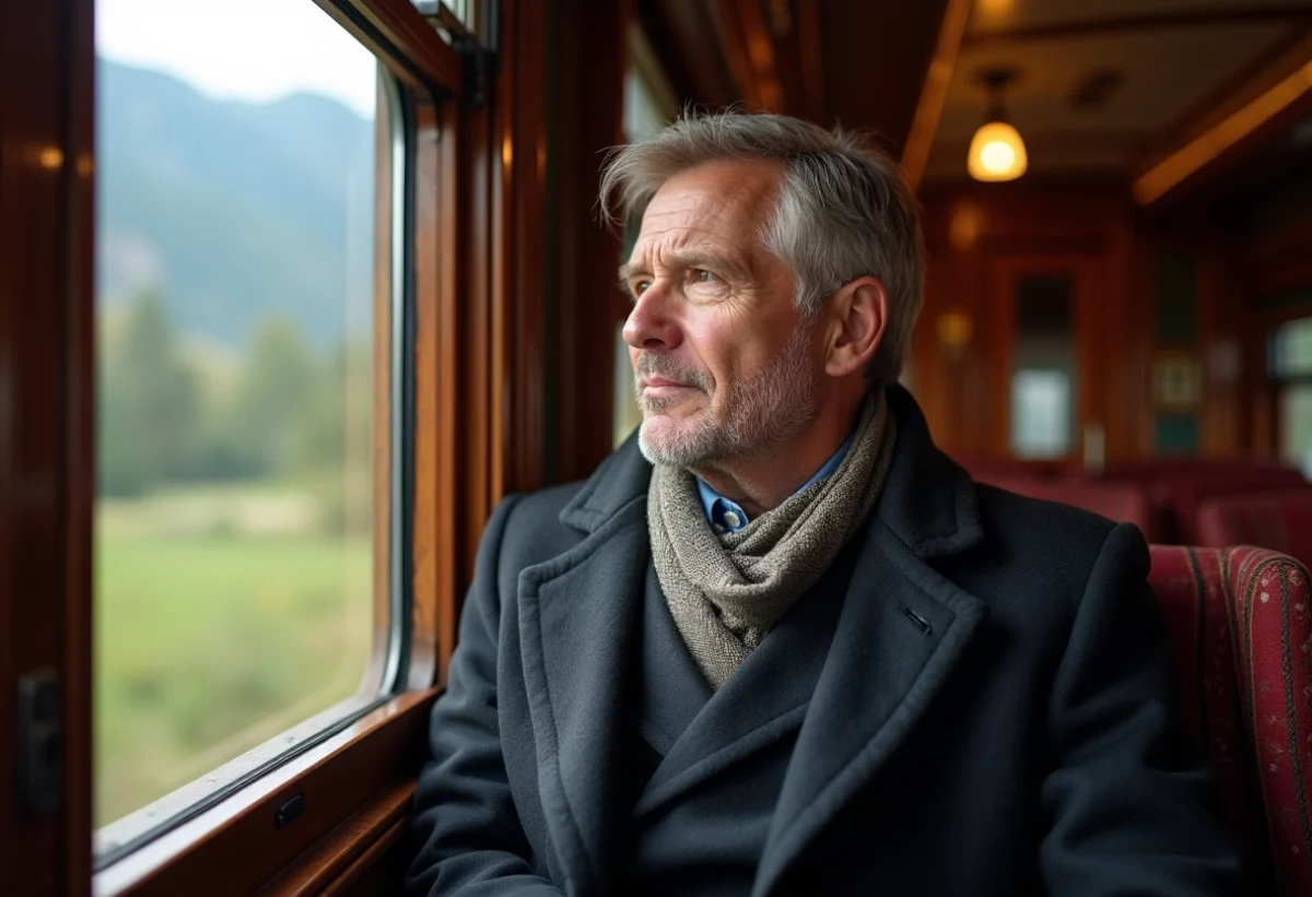 Homme d'âge moyen dans un train vintage luxueux