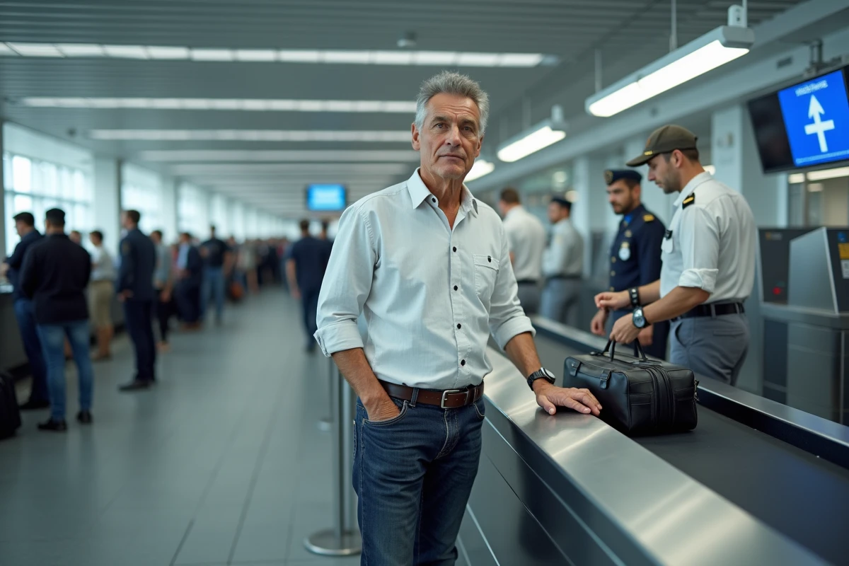 Voyageur passant la douane dans un aéroport espagnol avec un sac de voyage, contrôle des bagages à la frontière