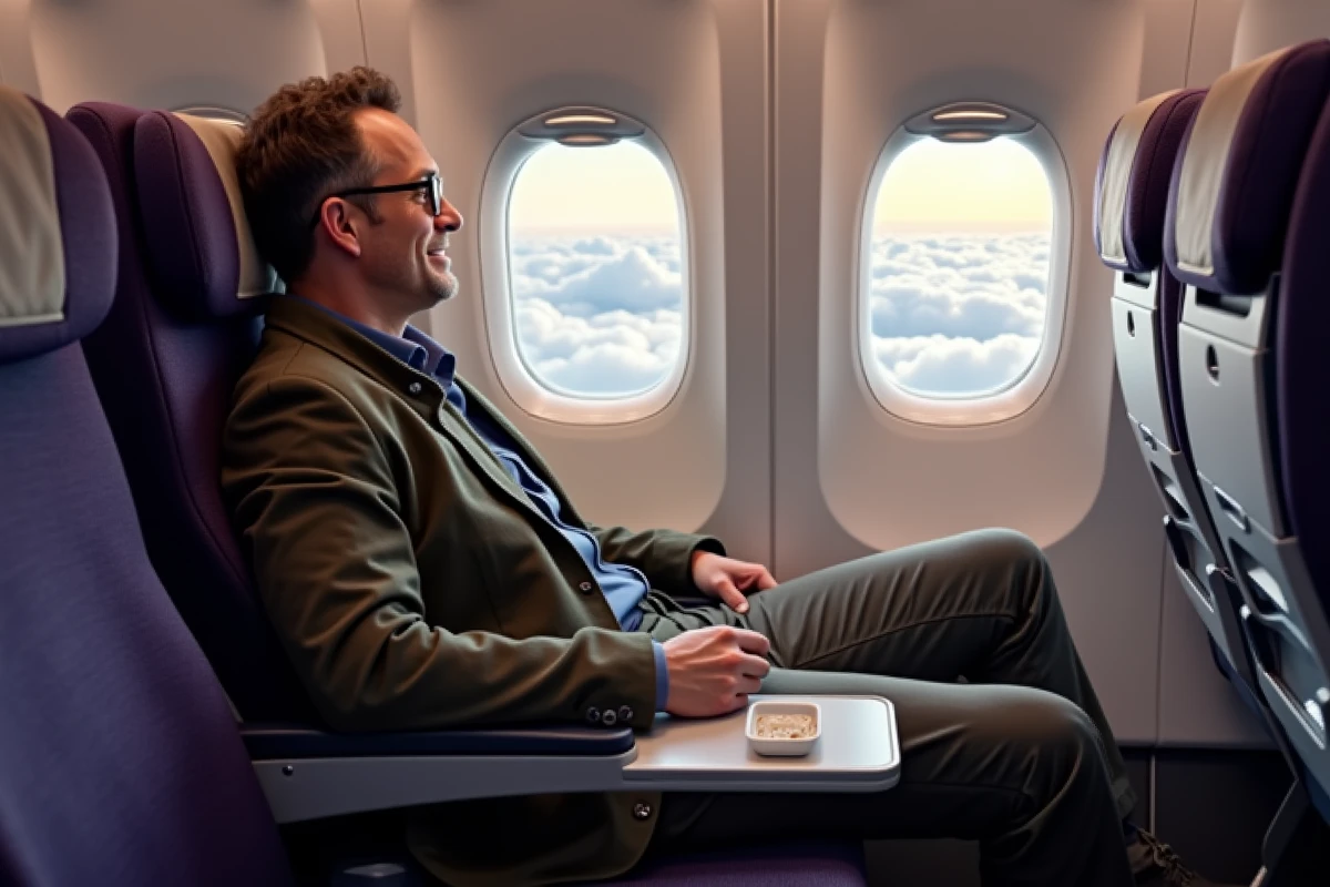 Voyageur regardant par le hublot d'un avion en plein vol long-courrier au-dessus des nuages, café en main