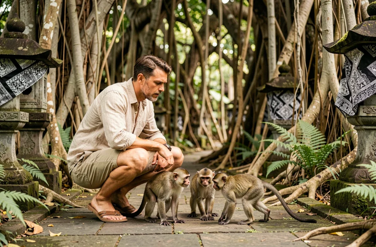 Voyageur occidental observant des singes macaques de près sur un sentier forestier de la Forêt des Singes Sacrés d'Ubud à Bali