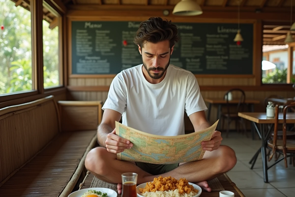 Voyageur solo consultant une carte dans un warung local authentique de Padangbai, Bali