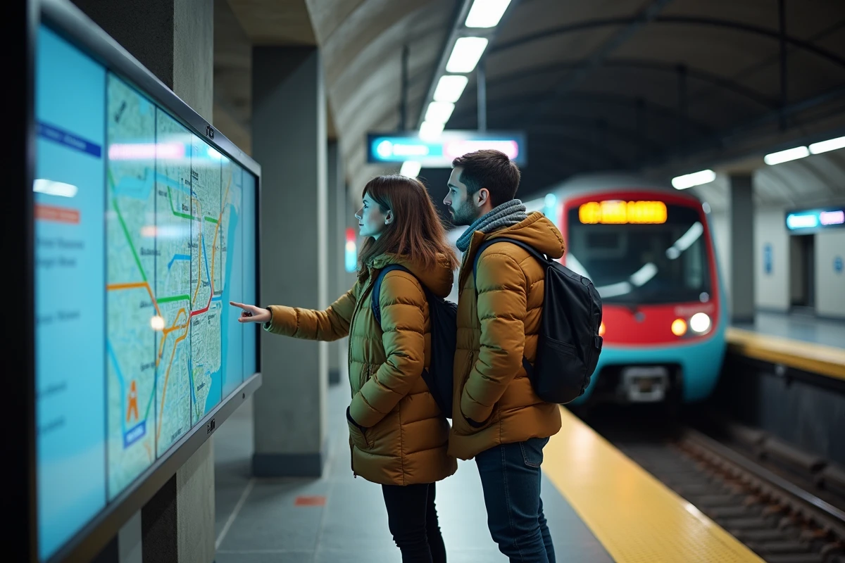 Deux voyageurs consultant une carte interactive multimodale sur un écran tactile dans une station de métro