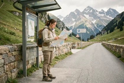 Voyageuse consultant un plan de bus à un arrêt de la vallée d'Aoste entouré de montagnes alpines