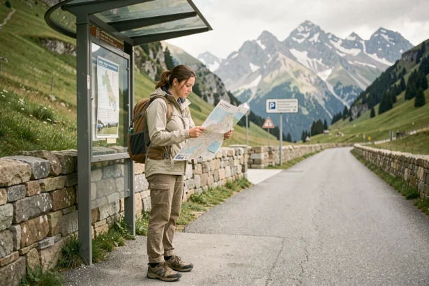 Voyageuse consultant un plan de bus à un arrêt de la vallée d'Aoste entouré de montagnes alpines