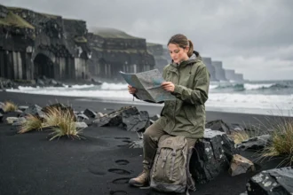 Voyageuse en sac à dos consultant une carte sur une plage de sable noir volcanique en Islande en juillet