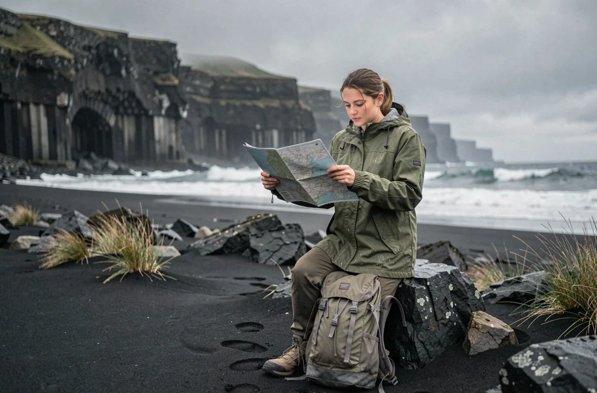 Voyageuse en sac à dos consultant une carte sur une plage de sable noir volcanique en Islande en juillet