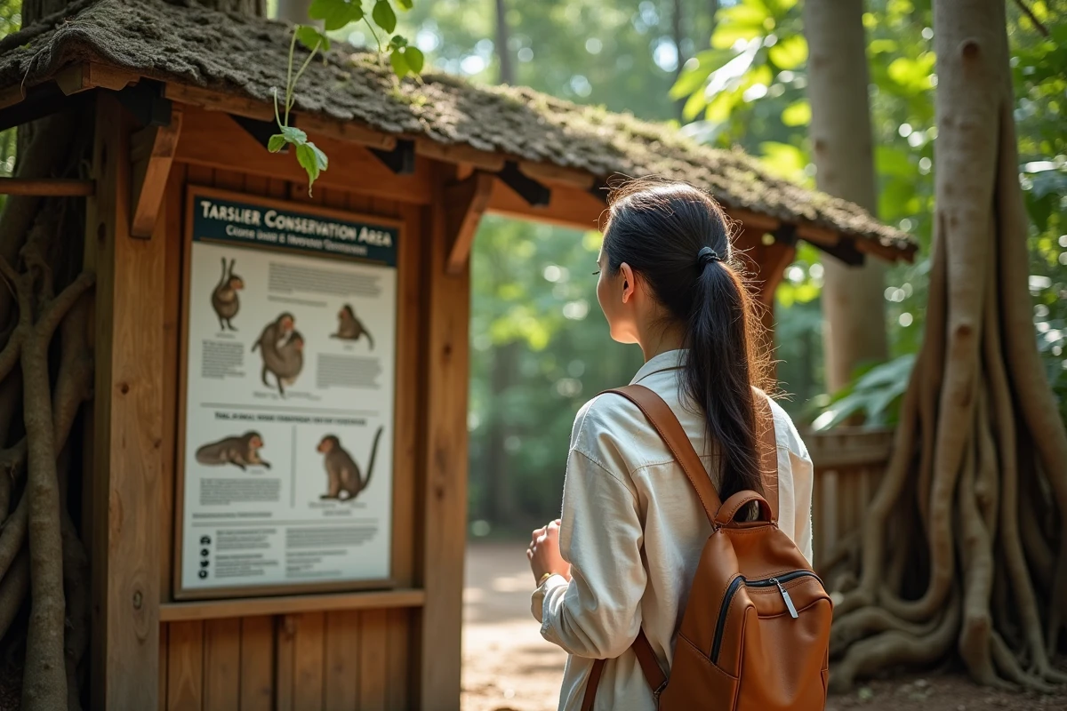 Voyageuse lisant les règles de conservation à l'entrée du Tarsier Conservation Area à Corella aux Philippines