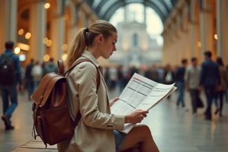 Voyageuse consultant un horaire Eurorail dans une grande gare européenne bondée en haute saison