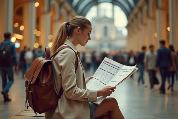 Voyageuse consultant un horaire Eurorail dans une grande gare européenne bondée en haute saison