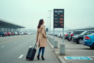 Voyageuse consultant le panneau tarifaire du parking P5 de l'aéroport Toulouse-Blagnac avec sa valise