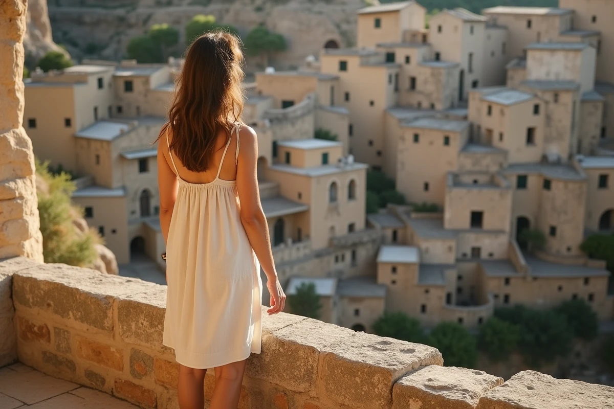 Voyageuse contemplant les Sassi de Matera depuis un belvédère, avec les habitations troglodytiques creusées dans la roche en arrière-plan