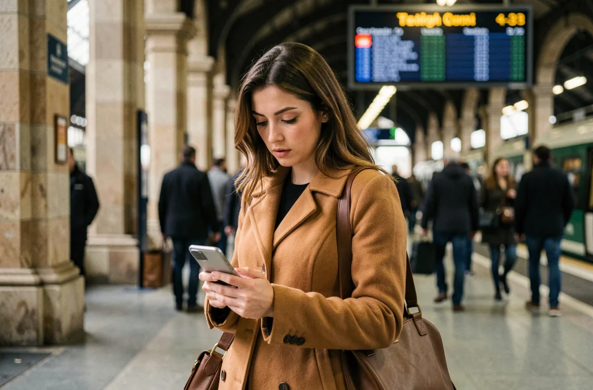 Voyageuse consultant le service d'assistance SNCF sur son smartphone en gare pour résoudre un problème de trajet