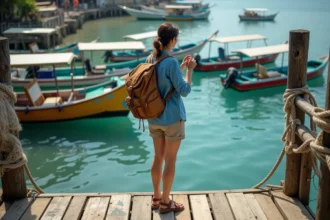 Voyageuse solo ajustant son sac à dos sur le quai de Padangbai avec des bateaux traditionnels balinais en arrière-plan