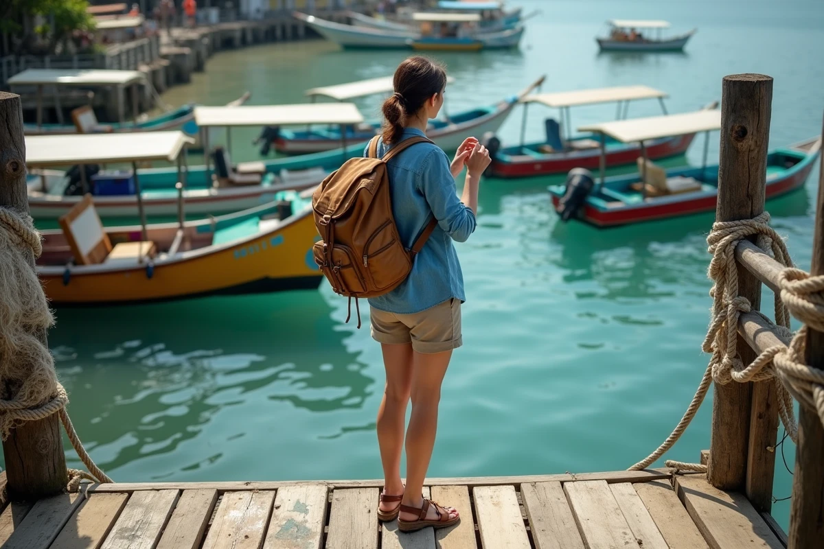 Voyageuse solo ajustant son sac à dos sur le quai de Padangbai avec des bateaux traditionnels balinais en arrière-plan